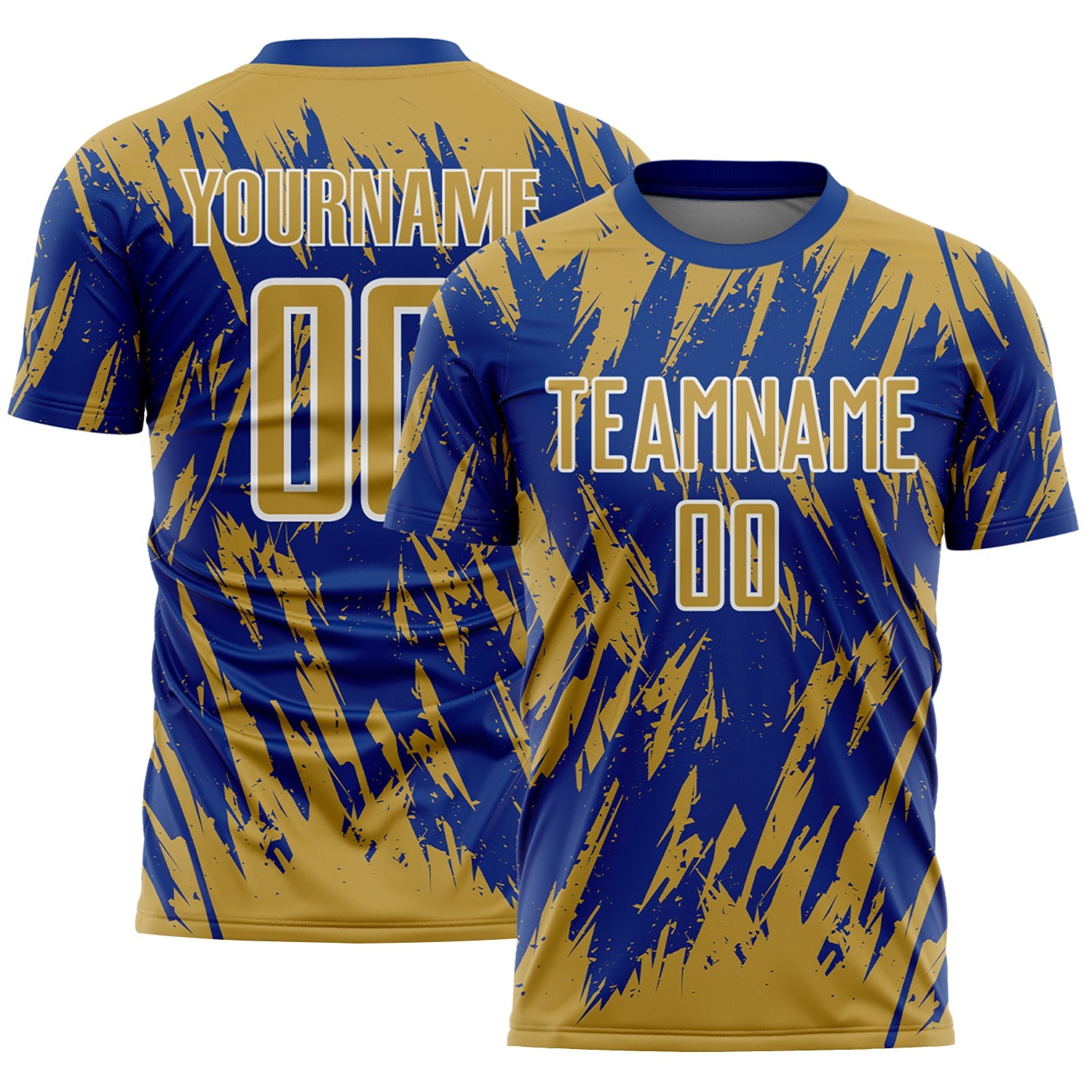 Custom Royal Old Gold-White Splatter Torn Sharp Brush Stroke Sublimation Soccer Uniform Jersey - Main View