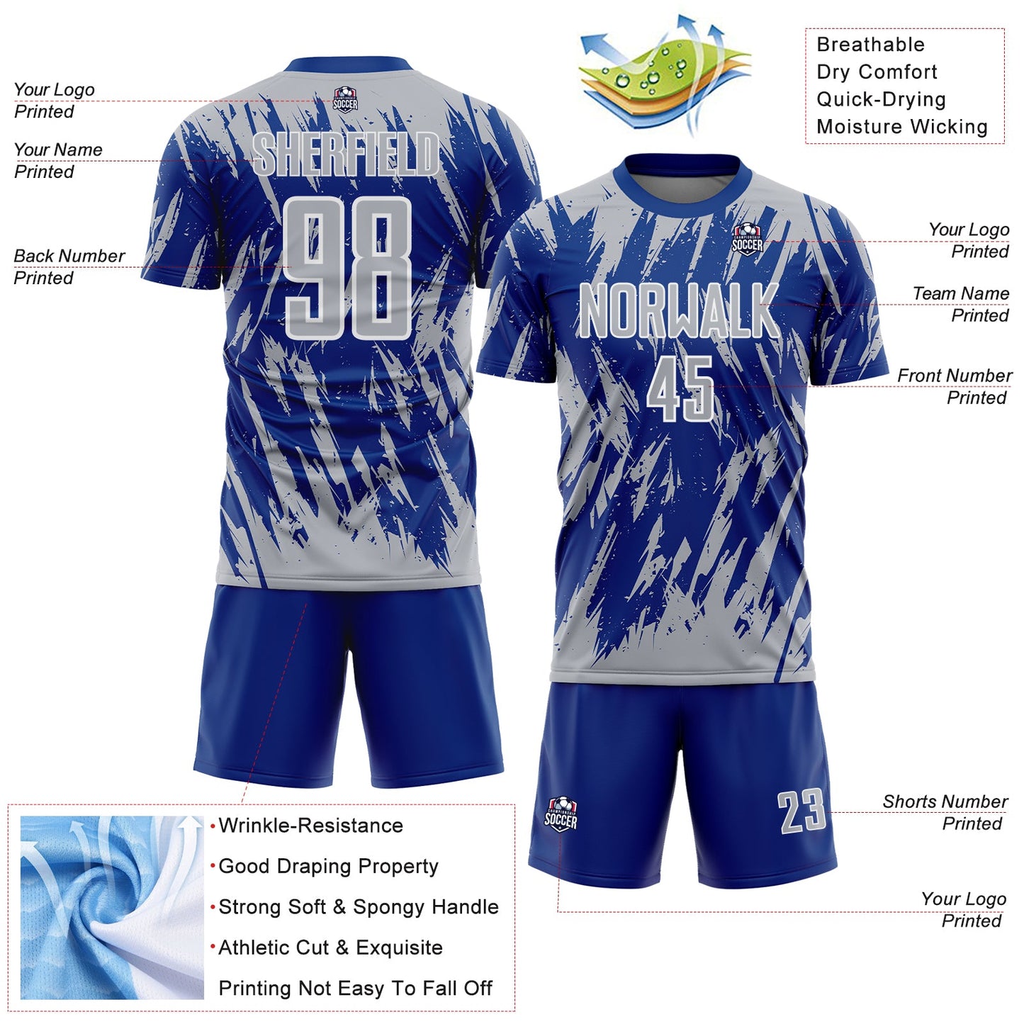 Custom Royal Gray-White Splatter Torn Sharp Brush Stroke Sublimation Soccer Uniform Jersey view 4