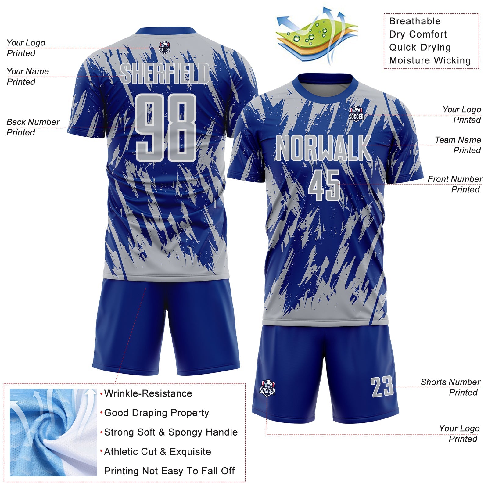 Custom Royal Gray-White Splatter Torn Sharp Brush Stroke Sublimation Soccer Uniform Jersey view 4