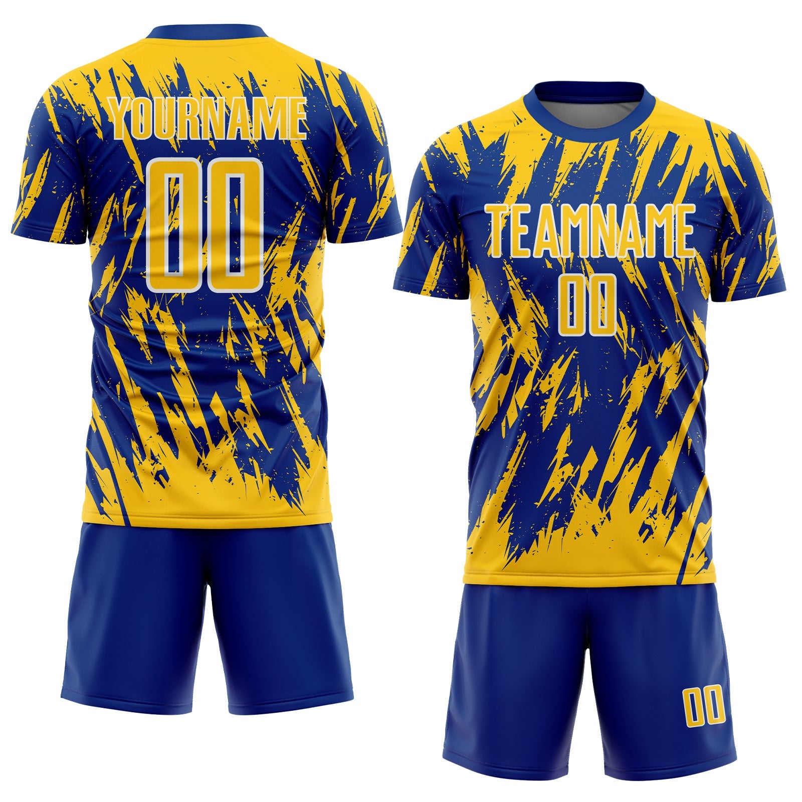 Custom Royal Yellow-White Splatter Torn Sharp Brush Stroke Sublimation Soccer Uniform Jersey view 2