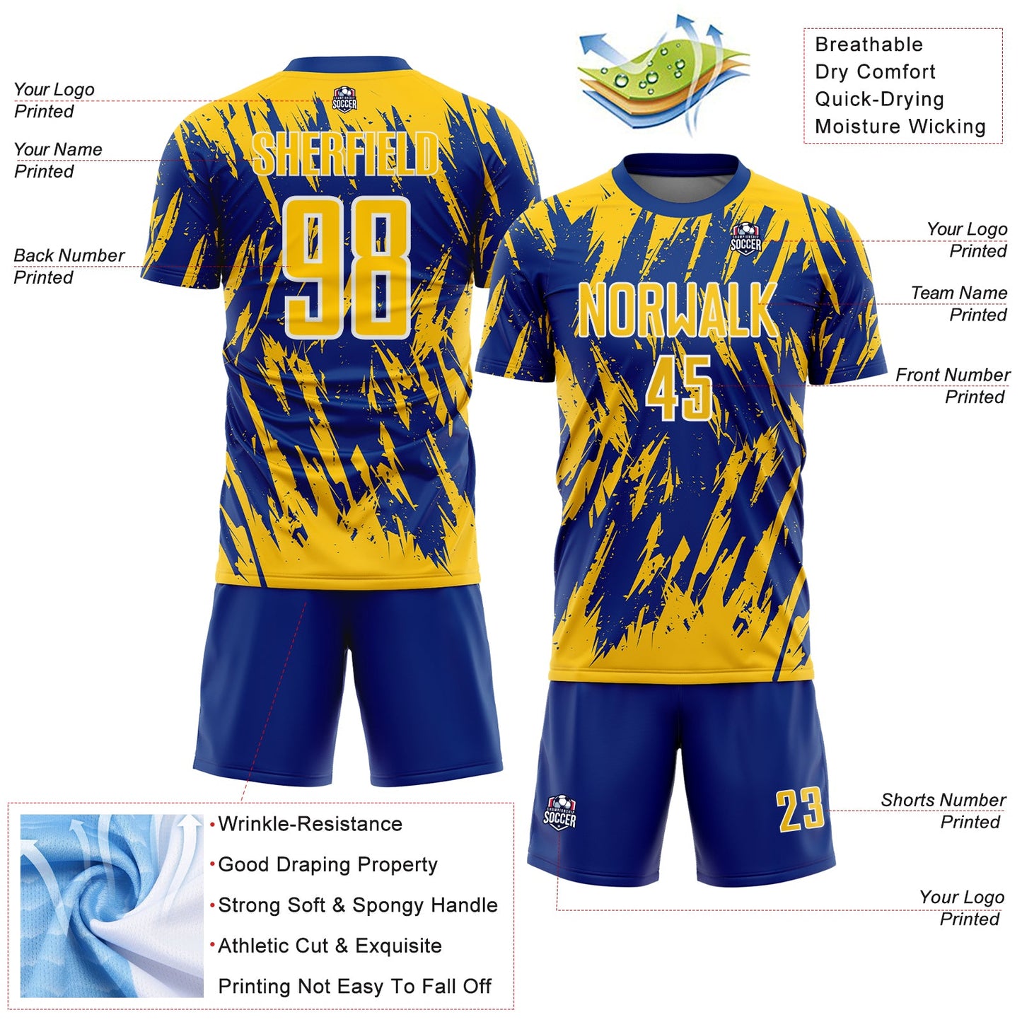 Custom Royal Yellow-White Splatter Torn Sharp Brush Stroke Sublimation Soccer Uniform Jersey view 4