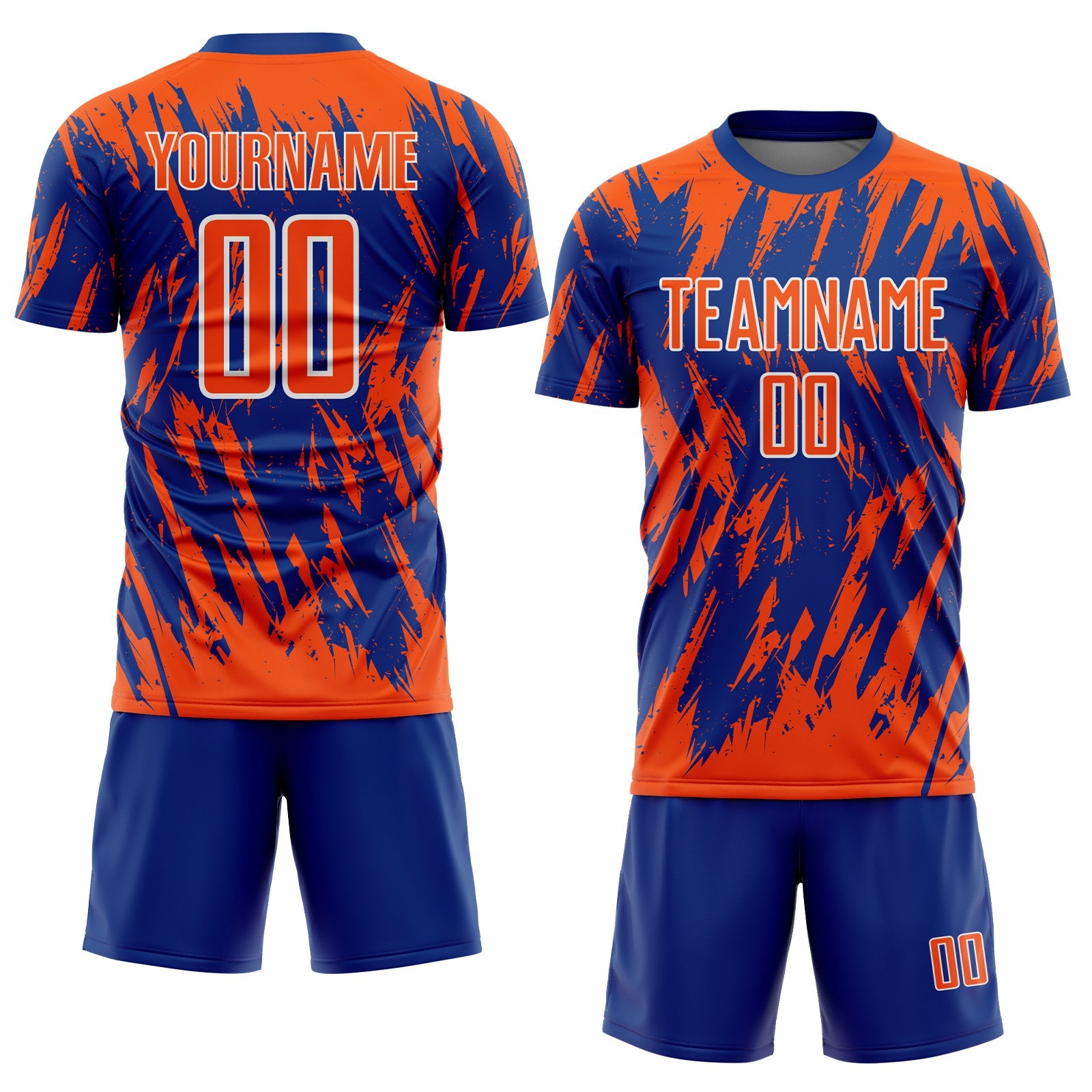 Custom Royal Orange-White Splatter Torn Sharp Brush Stroke Sublimation Soccer Uniform Jersey view 2