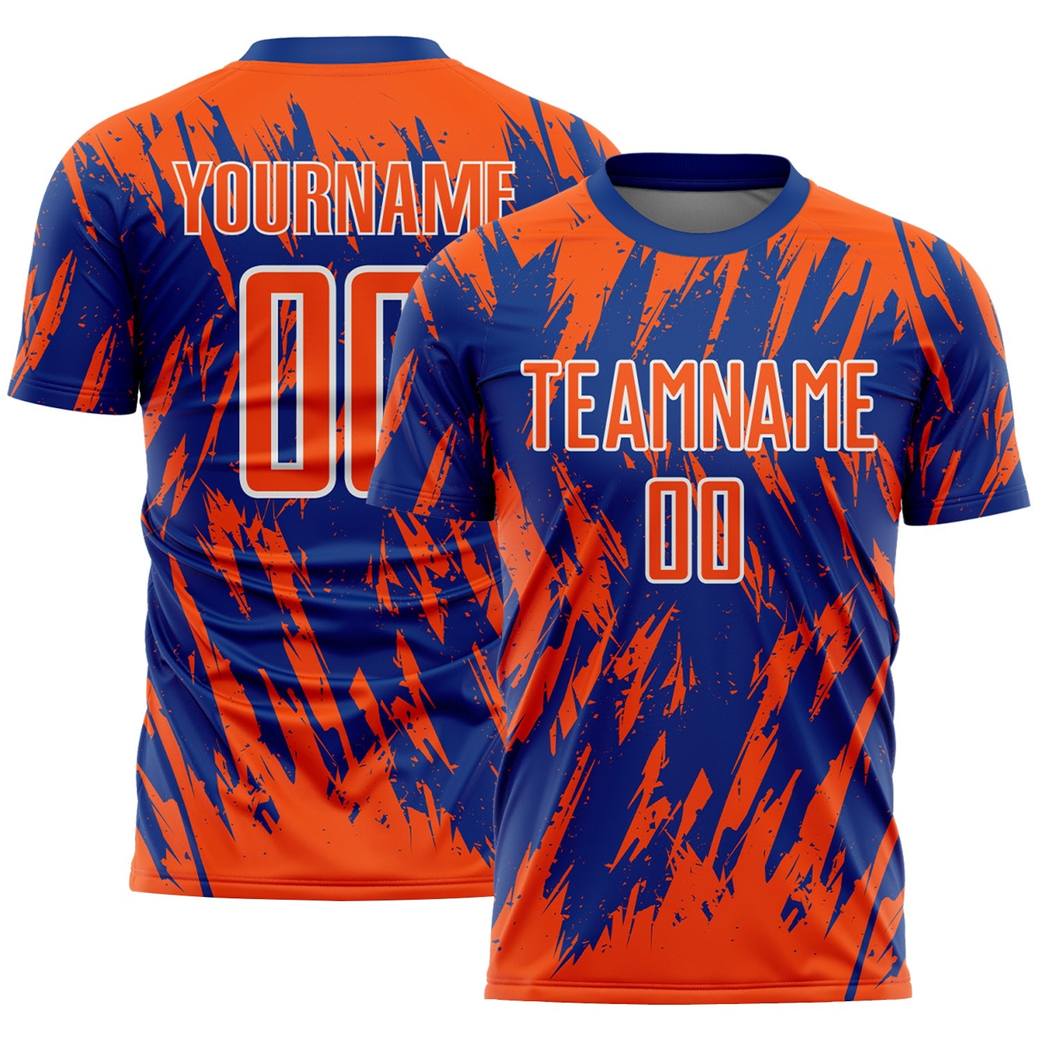 Custom Royal Orange-White Splatter Torn Sharp Brush Stroke Sublimation Soccer Uniform Jersey - Main View
