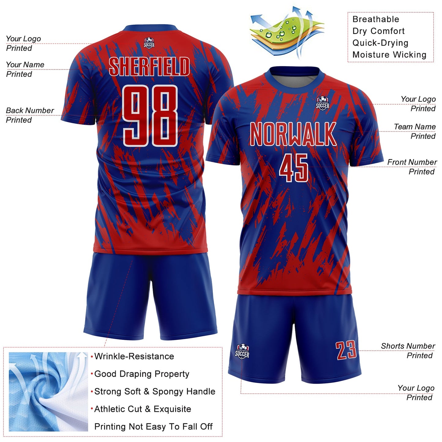 Custom Royal Red-White Splatter Torn Sharp Brush Stroke Sublimation Soccer Uniform Jersey view 4