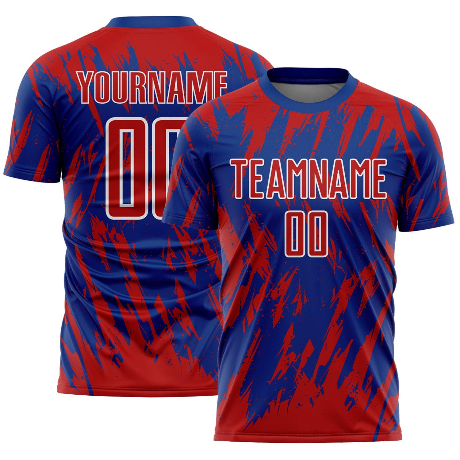Custom Royal Red-White Splatter Torn Sharp Brush Stroke Sublimation Soccer Uniform Jersey - Main View