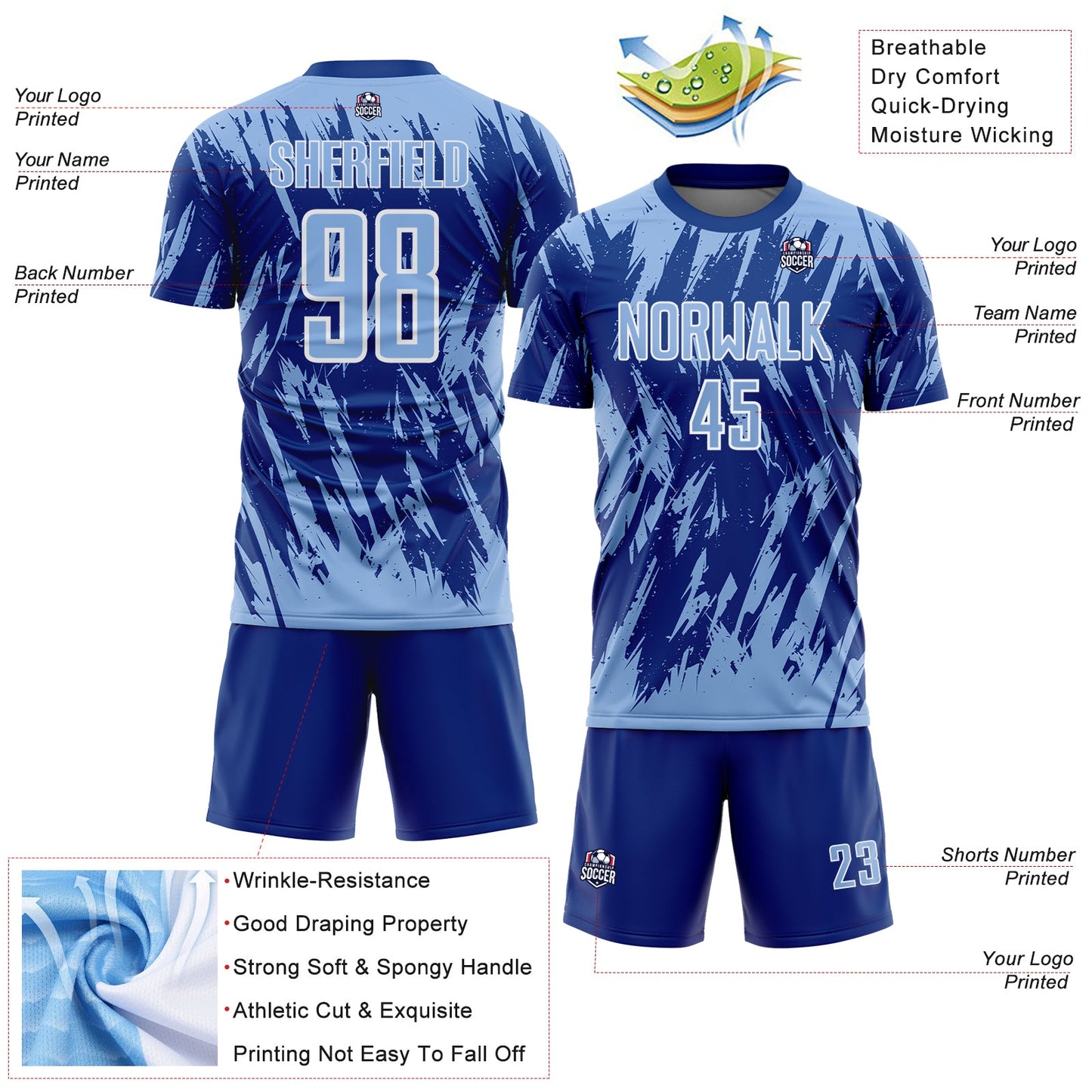 Custom Royal Light Blue-White Splatter Torn Sharp Brush Stroke Sublimation Soccer Uniform Jersey view 4