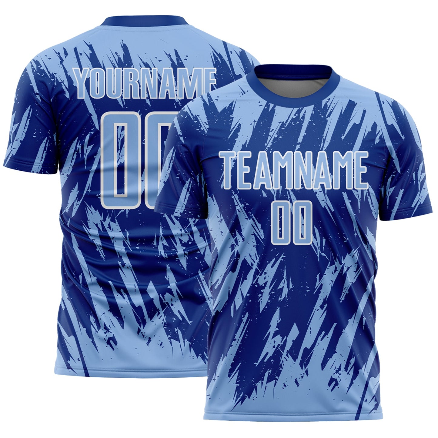Custom Royal Light Blue-White Splatter Torn Sharp Brush Stroke Sublimation Soccer Uniform Jersey - Main View