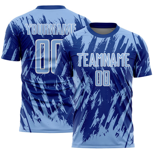 Custom Royal Light Blue-White Splatter Torn Sharp Brush Stroke Sublimation Soccer Uniform Jersey - Main View