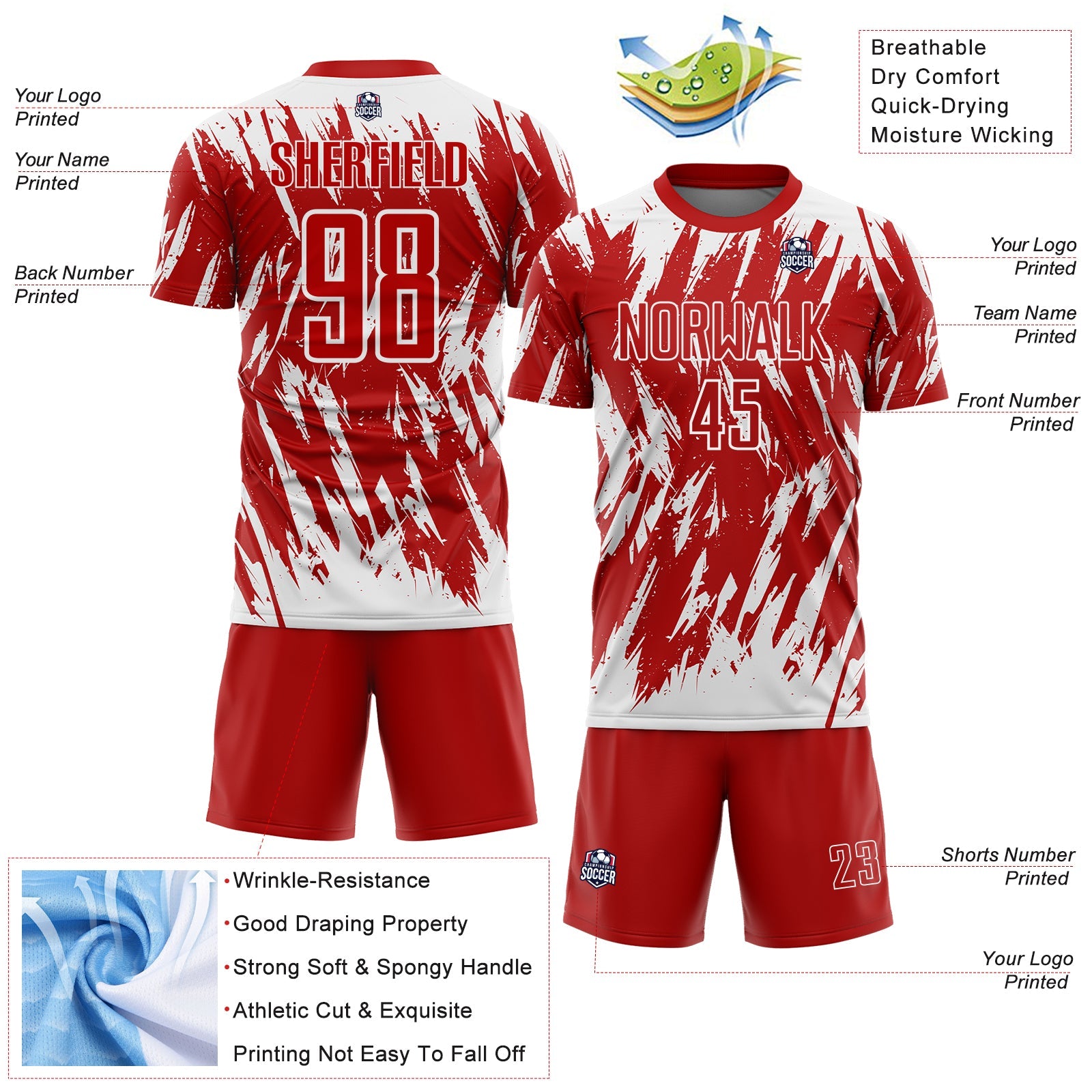 Custom Red-White Splatter Torn Sharp Brush Stroke Sublimation Soccer Uniform Jersey view 4