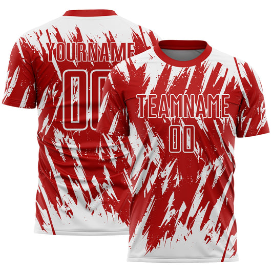 Custom Red-White Splatter Torn Sharp Brush Stroke Sublimation Soccer Uniform Jersey - Main View