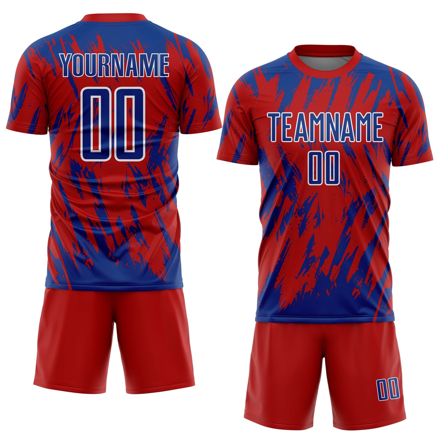 Custom Red Royal-White Splatter Torn Sharp Brush Stroke Sublimation Soccer Uniform Jersey view 2