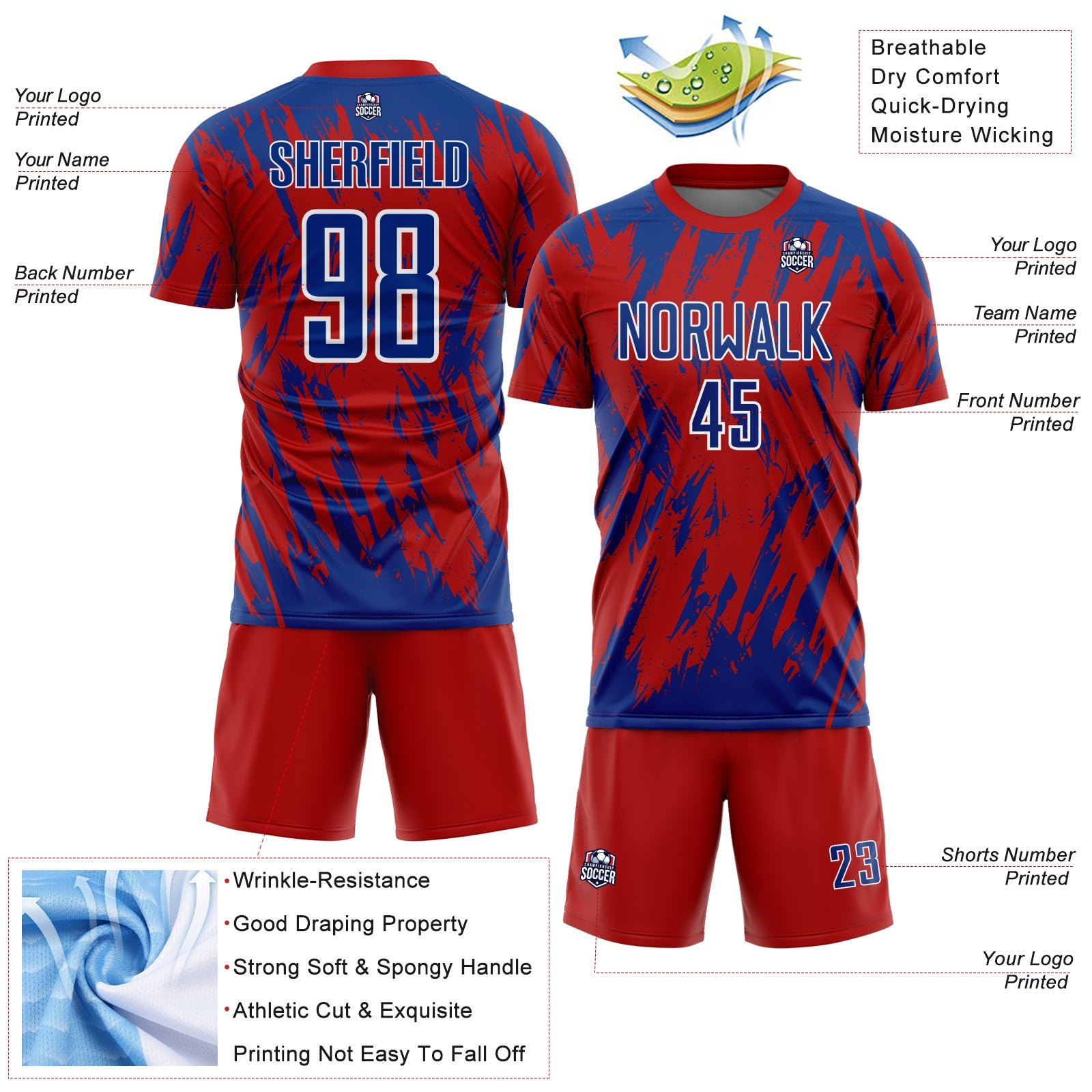 Custom Red Royal-White Splatter Torn Sharp Brush Stroke Sublimation Soccer Uniform Jersey view 4