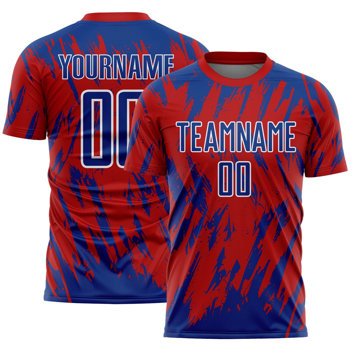 Custom Red Royal-White Splatter Torn Sharp Brush Stroke Sublimation Soccer Uniform Jersey - Main View