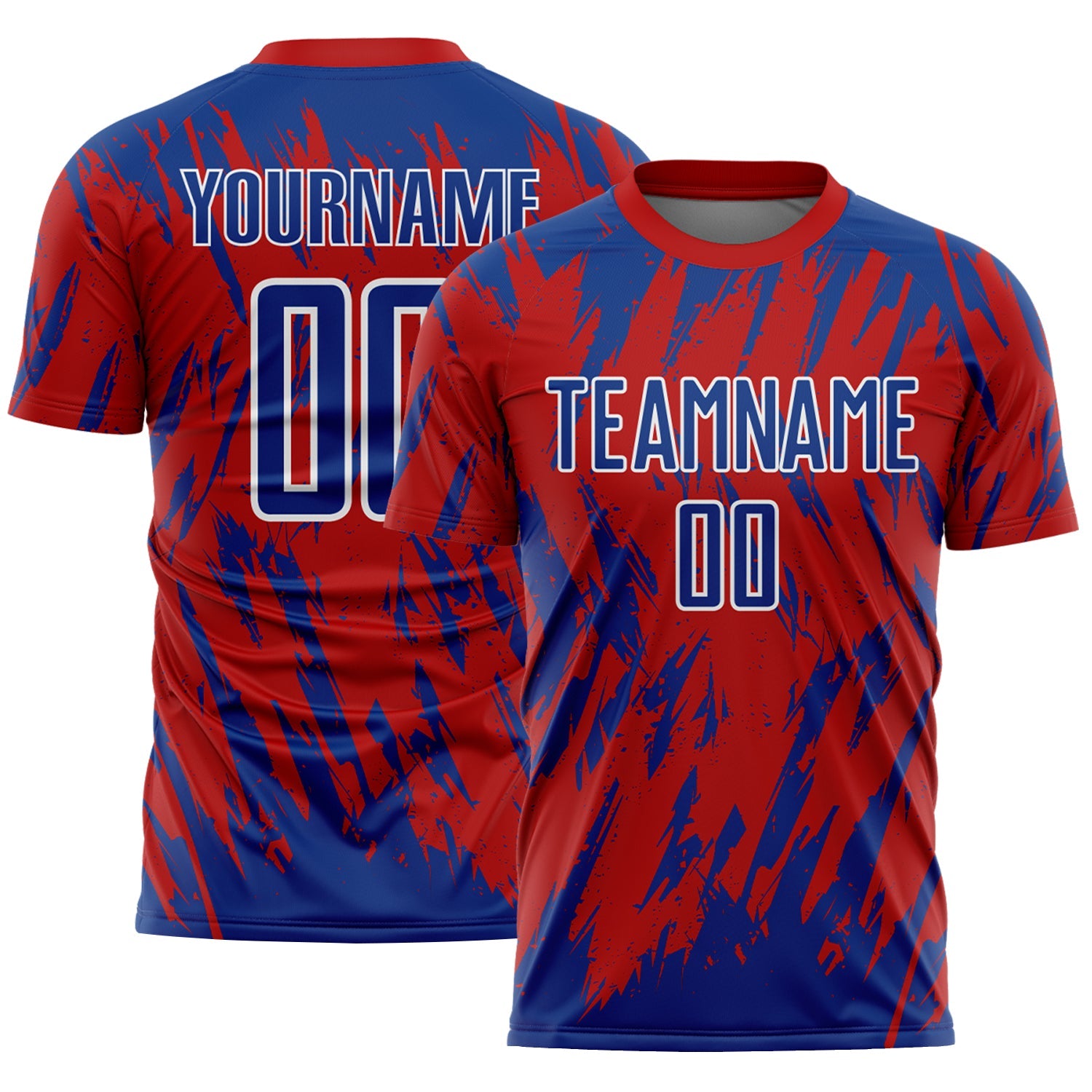 Custom Red Royal-White Splatter Torn Sharp Brush Stroke Sublimation Soccer Uniform Jersey - Main View