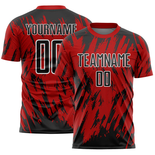 Custom Red Black-White Splatter Torn Sharp Brush Stroke Sublimation Soccer Uniform Jersey - Main View
