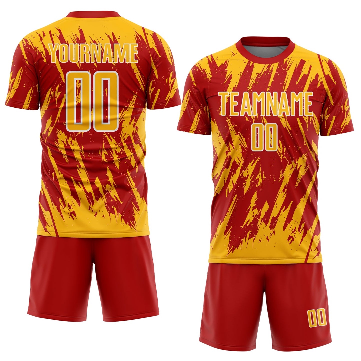 Custom Red Gold-White Splatter Torn Sharp Brush Stroke Sublimation Soccer Uniform Jersey view 2