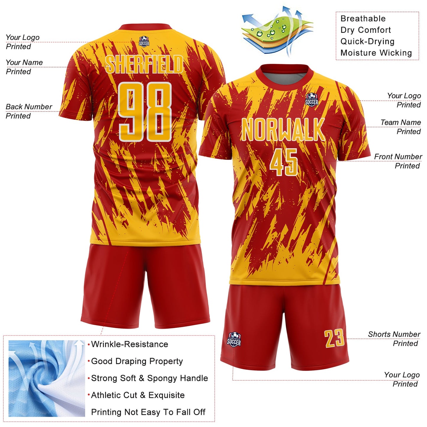 Custom Red Gold-White Splatter Torn Sharp Brush Stroke Sublimation Soccer Uniform Jersey view 4