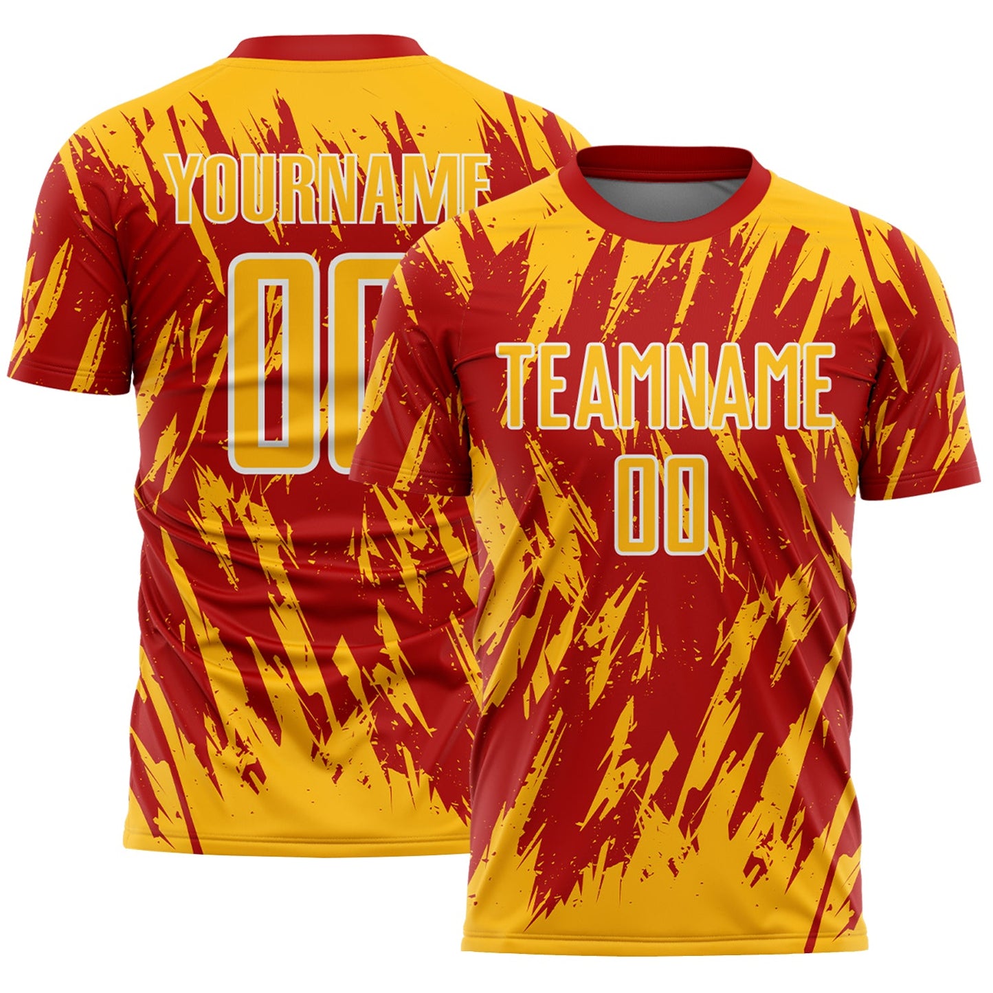 Custom Red Gold-White Splatter Torn Sharp Brush Stroke Sublimation Soccer Uniform Jersey - Main View