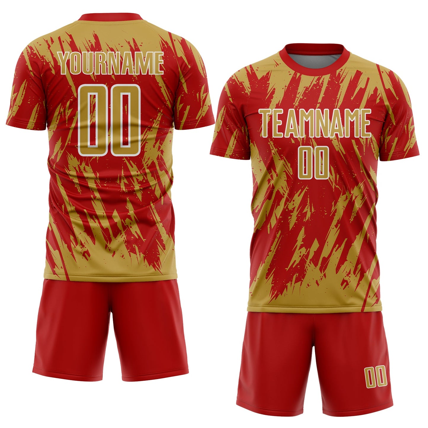 Custom Red Old Gold-White Splatter Torn Sharp Brush Stroke Sublimation Soccer Uniform Jersey view 2