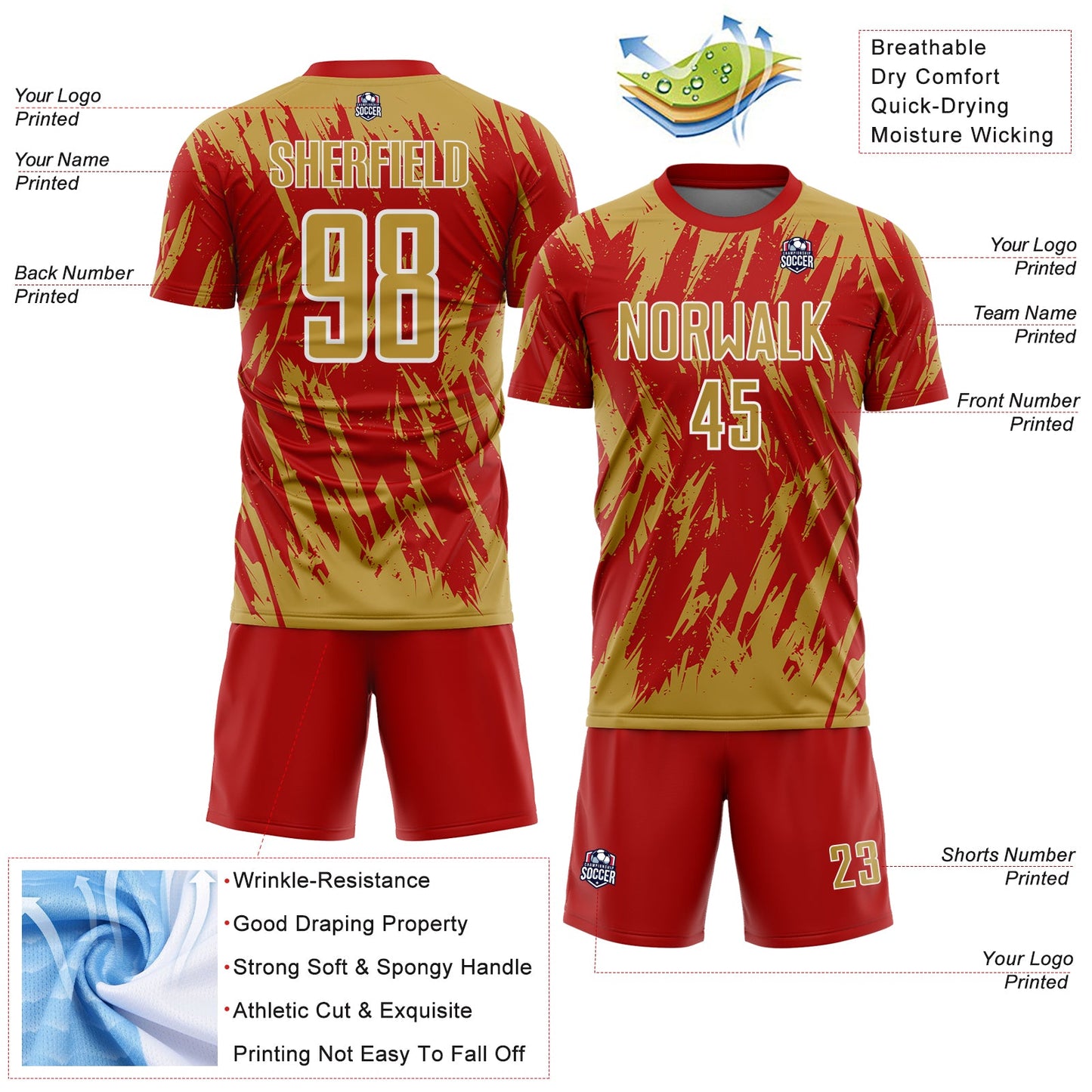 Custom Red Old Gold-White Splatter Torn Sharp Brush Stroke Sublimation Soccer Uniform Jersey view 4