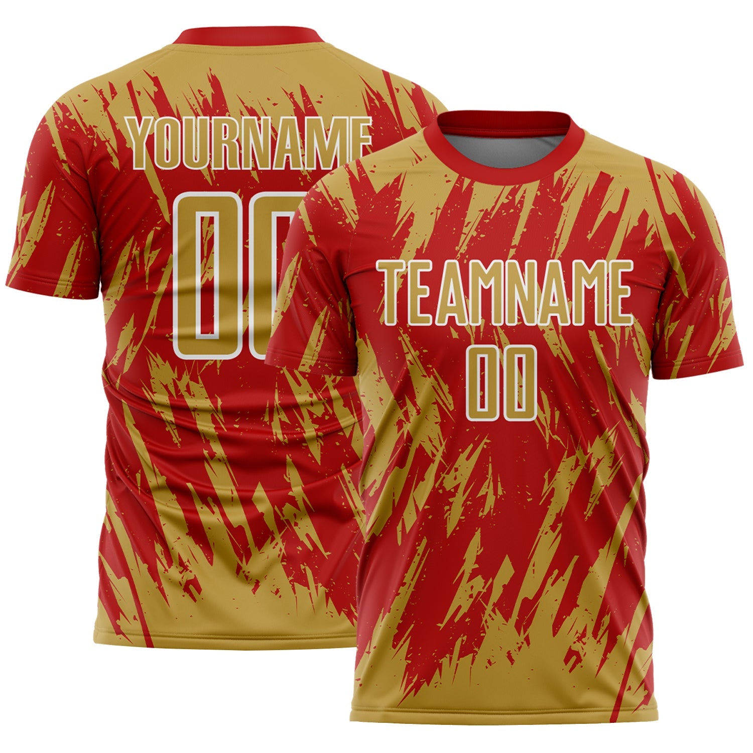 Custom Red Old Gold-White Splatter Torn Sharp Brush Stroke Sublimation Soccer Uniform Jersey - Main View
