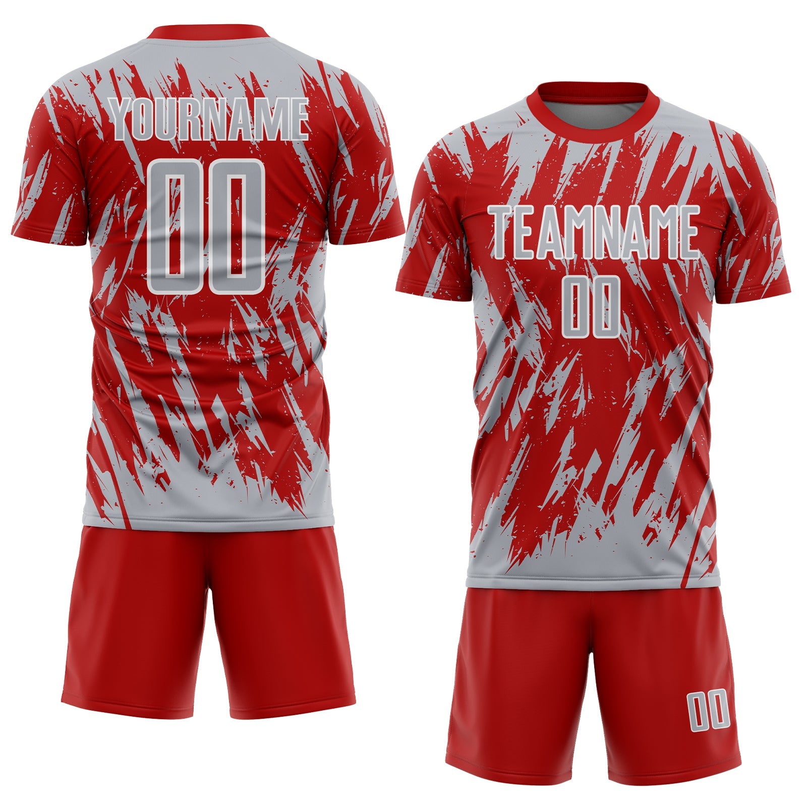 Custom Red Gray-White Splatter Torn Sharp Brush Stroke Sublimation Soccer Uniform Jersey view 2