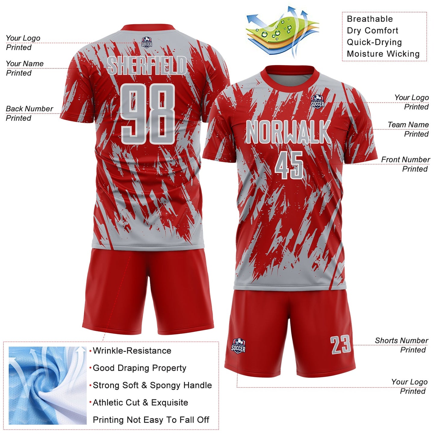 Custom Red Gray-White Splatter Torn Sharp Brush Stroke Sublimation Soccer Uniform Jersey view 4