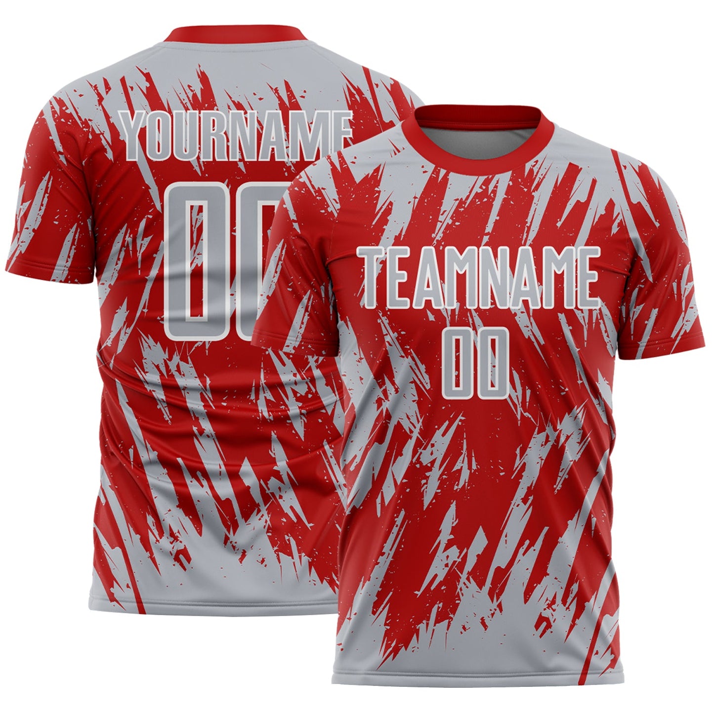 Custom Red Gray-White Splatter Torn Sharp Brush Stroke Sublimation Soccer Uniform Jersey - Main View