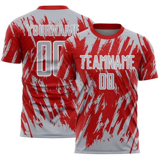 Custom Red Gray-White Splatter Torn Sharp Brush Stroke Sublimation Soccer Uniform Jersey - Main View