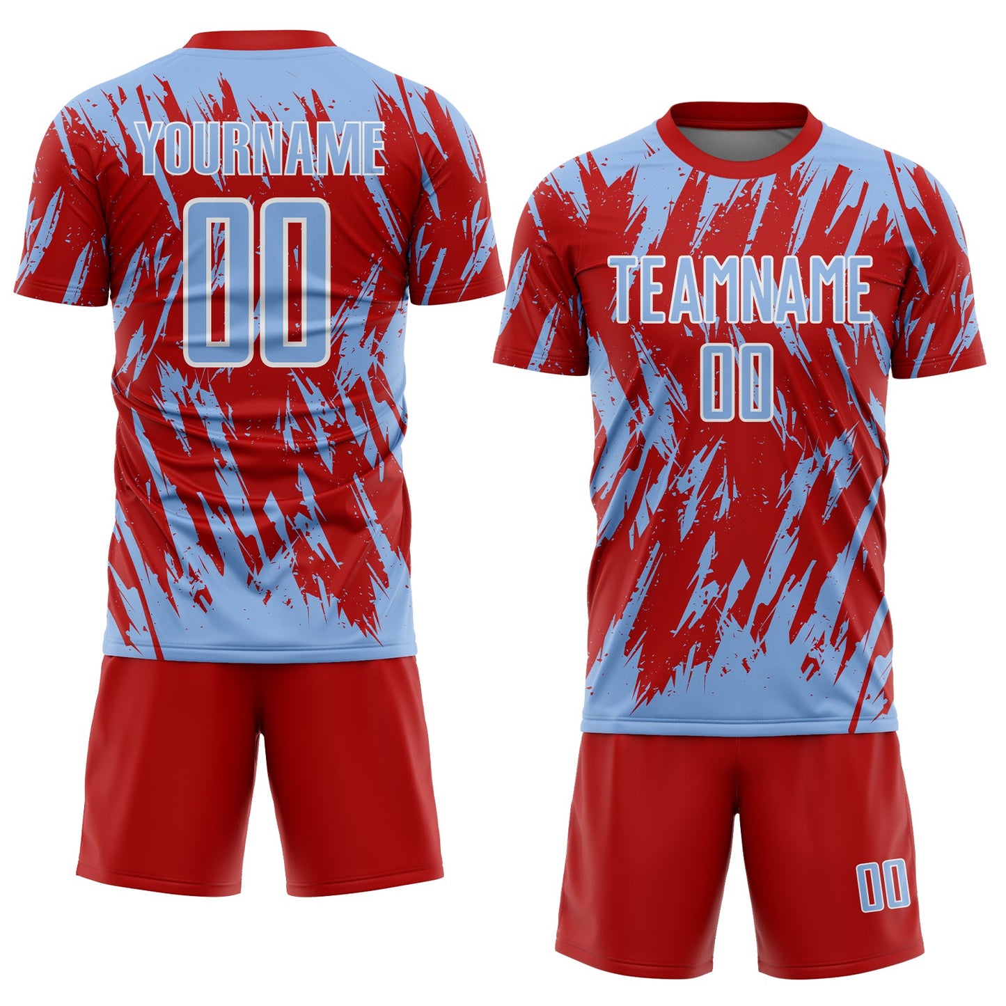 Custom Red Light Blue-White Splatter Torn Sharp Brush Stroke Sublimation Soccer Uniform Jersey view 2