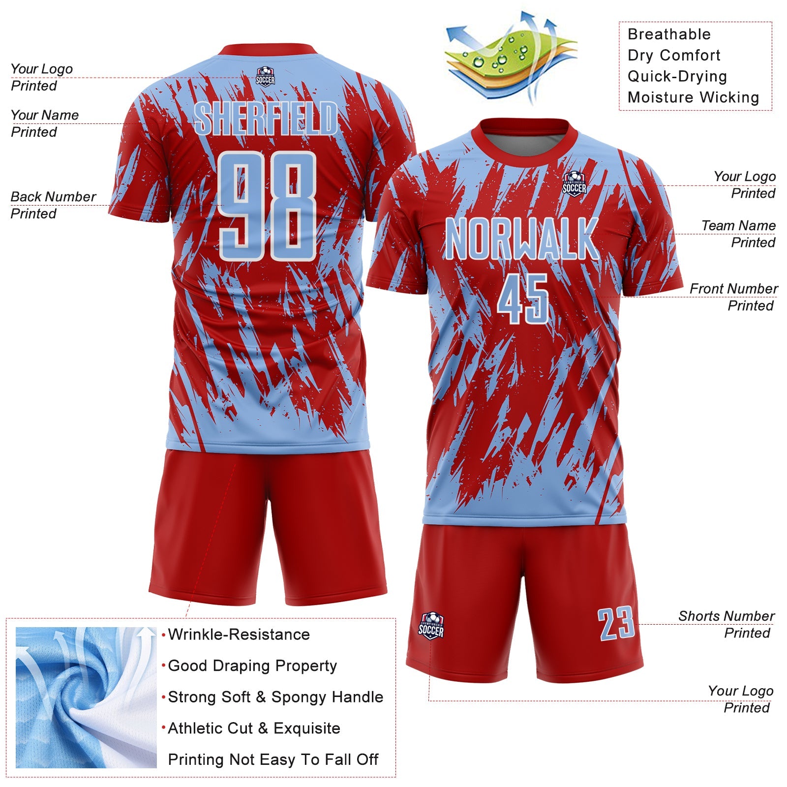 Custom Red Light Blue-White Splatter Torn Sharp Brush Stroke Sublimation Soccer Uniform Jersey view 4