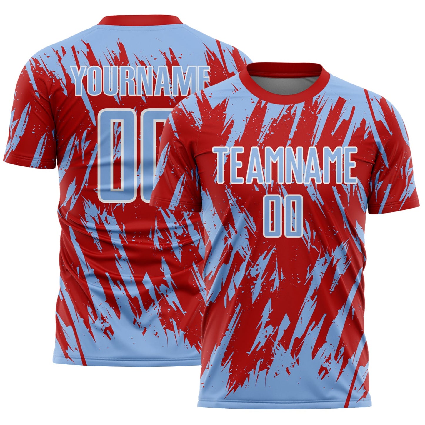Custom Red Light Blue-White Splatter Torn Sharp Brush Stroke Sublimation Soccer Uniform Jersey - Main View