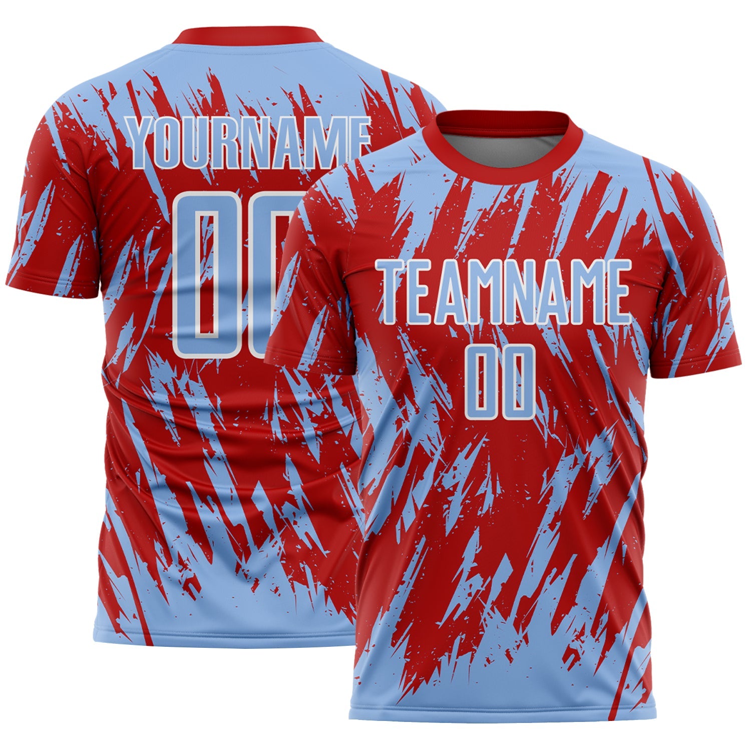 Custom Red Light Blue-White Splatter Torn Sharp Brush Stroke Sublimation Soccer Uniform Jersey - Main View