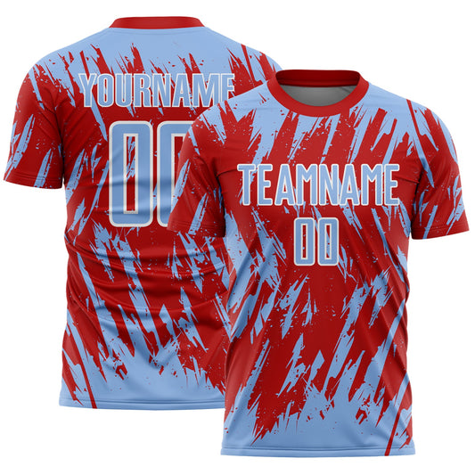Custom Red Light Blue-White Splatter Torn Sharp Brush Stroke Sublimation Soccer Uniform Jersey - Main View