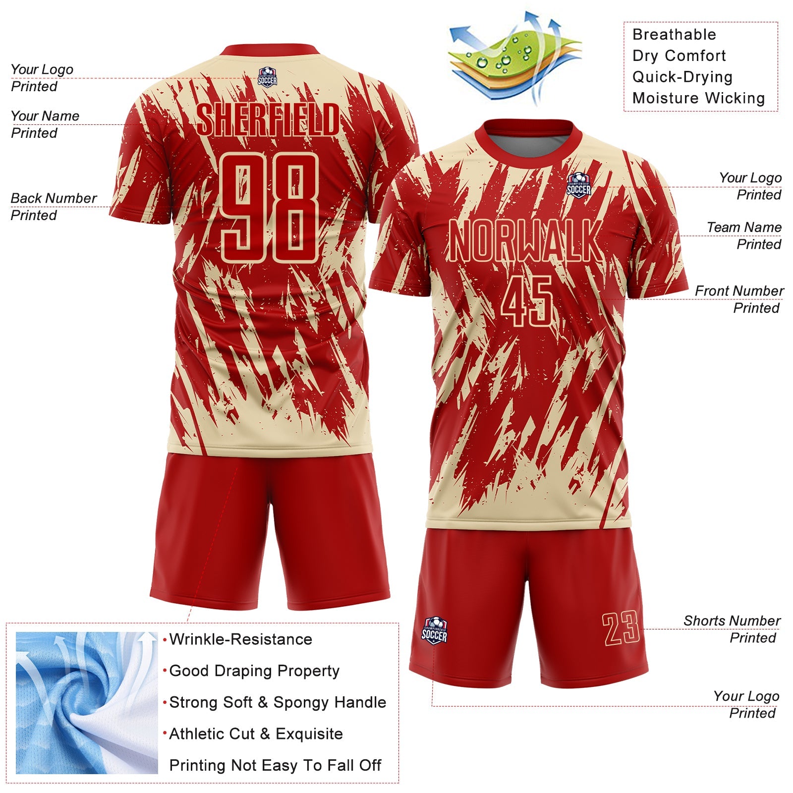 Custom Red-Cream Splatter Torn Sharp Brush Stroke Sublimation Soccer Uniform Jersey view 4