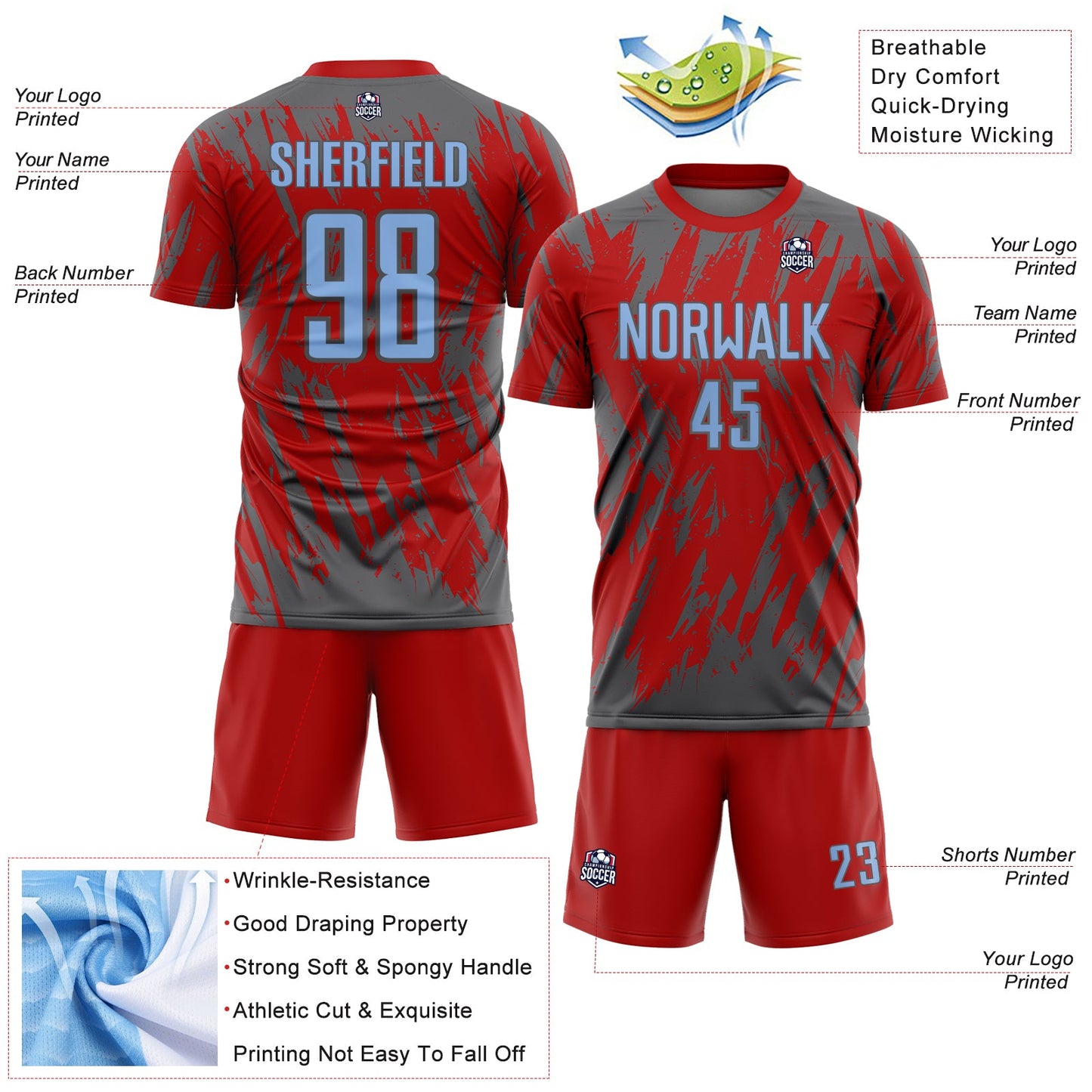 Custom Red Light Blue-Steel Gray Splatter Torn Sharp Brush Stroke Sublimation Soccer Uniform Jersey view 4