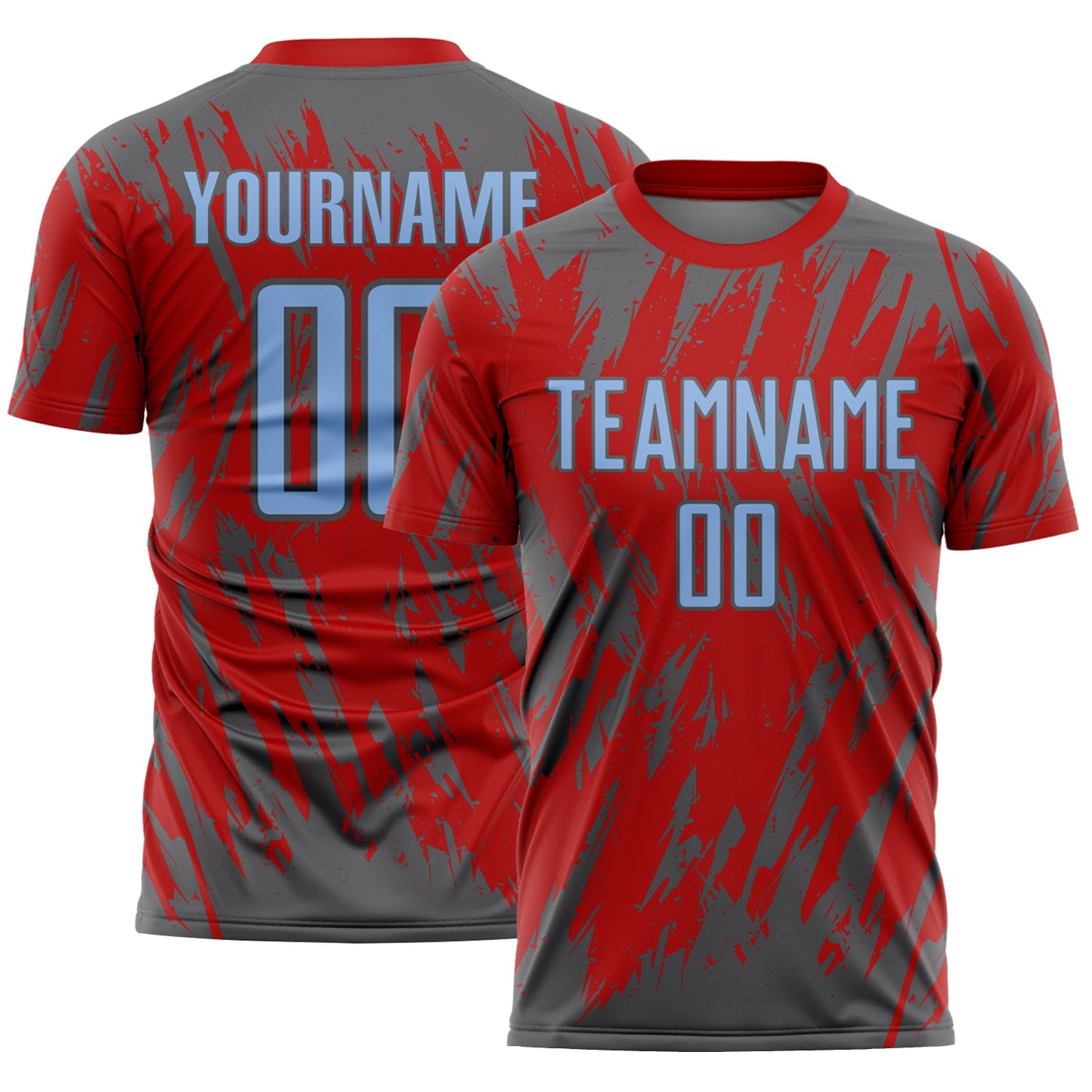 Custom Red Light Blue-Steel Gray Splatter Torn Sharp Brush Stroke Sublimation Soccer Uniform Jersey - Main View