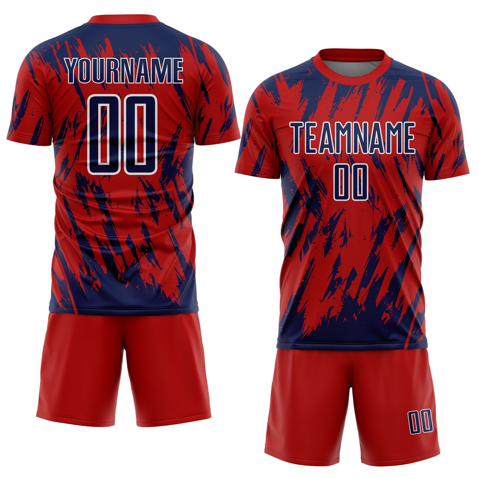 Custom Red Navy-White Splatter Torn Sharp Brush Stroke Sublimation Soccer Uniform Jersey view 2