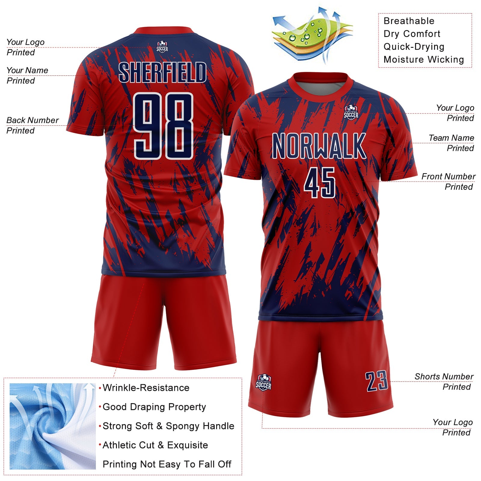 Custom Red Navy-White Splatter Torn Sharp Brush Stroke Sublimation Soccer Uniform Jersey view 4