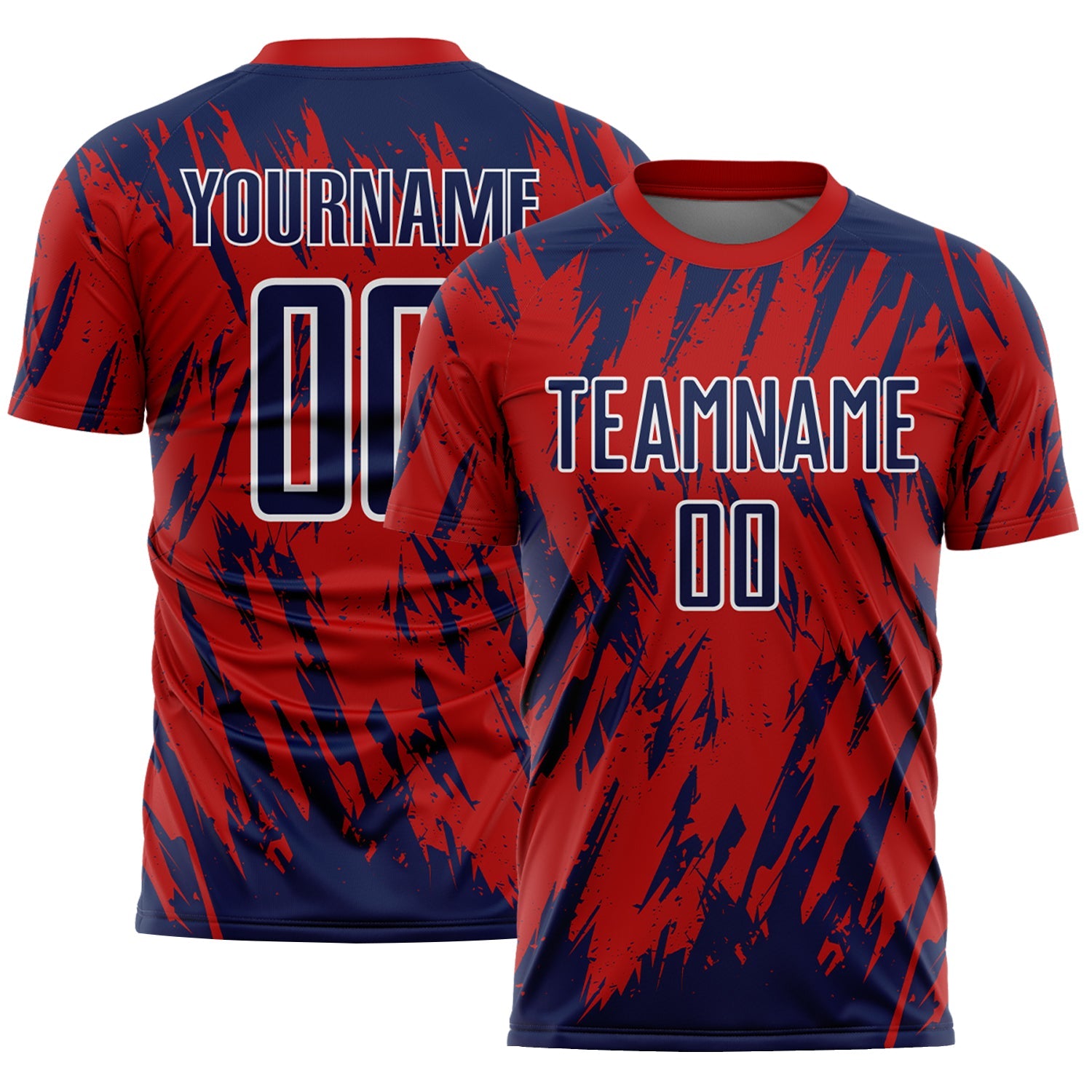 Custom Red Navy-White Splatter Torn Sharp Brush Stroke Sublimation Soccer Uniform Jersey - Main View