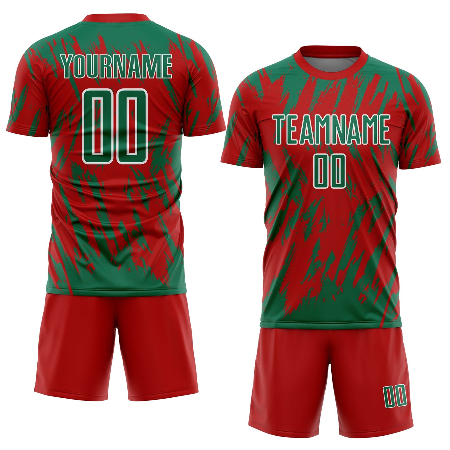 Custom Red Kelly Green-White Splatter Torn Sharp Brush Stroke Sublimation Soccer Uniform Jersey view 2