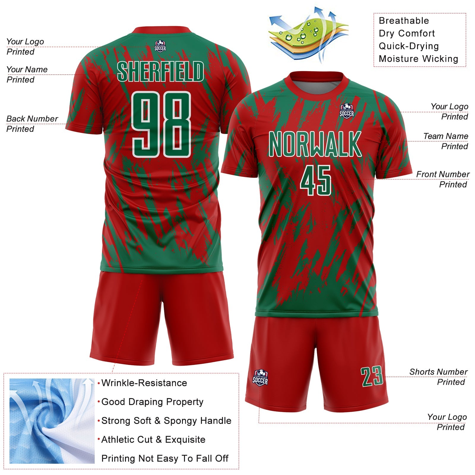 Custom Red Kelly Green-White Splatter Torn Sharp Brush Stroke Sublimation Soccer Uniform Jersey view 4