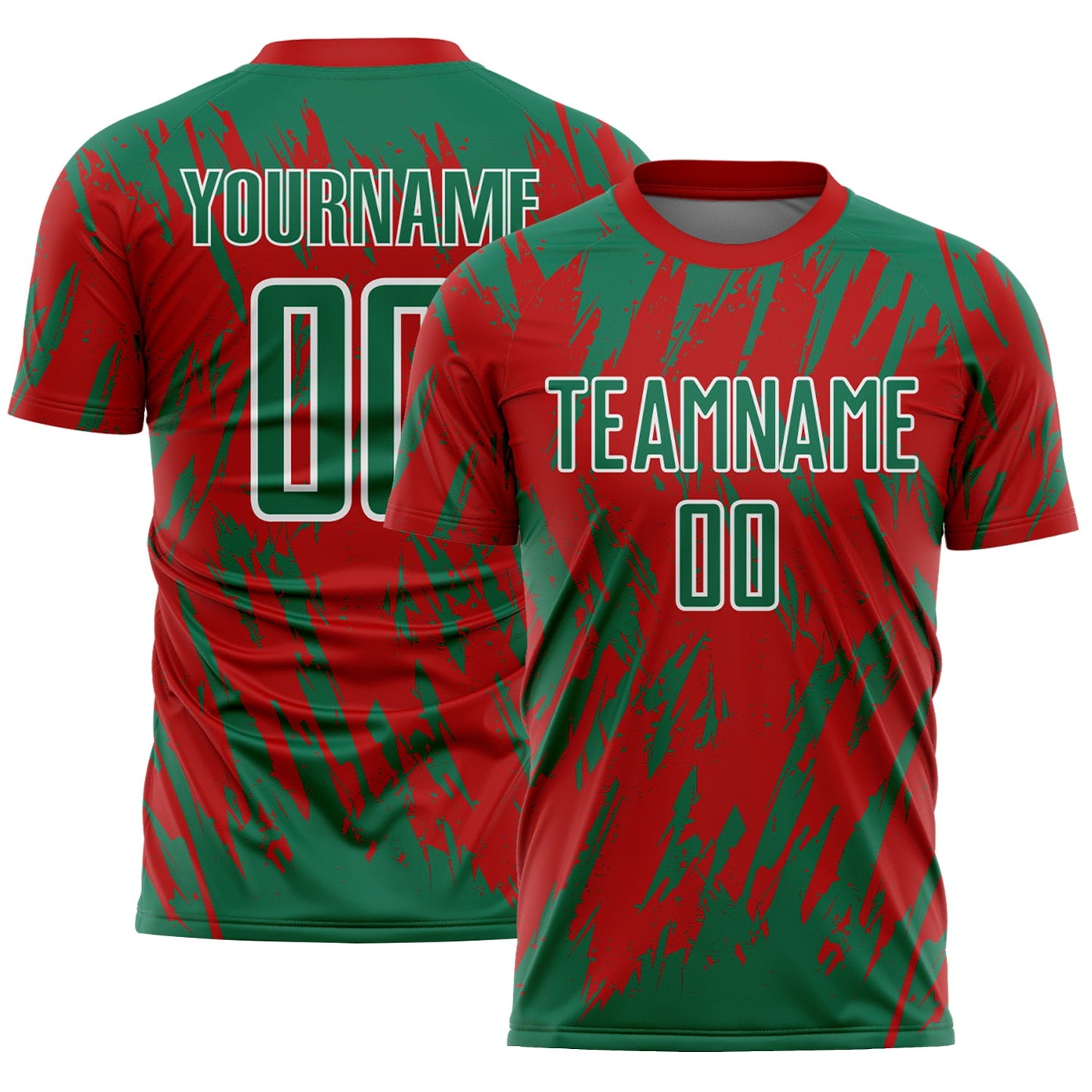 Custom Red Kelly Green-White Splatter Torn Sharp Brush Stroke Sublimation Soccer Uniform Jersey - Main View