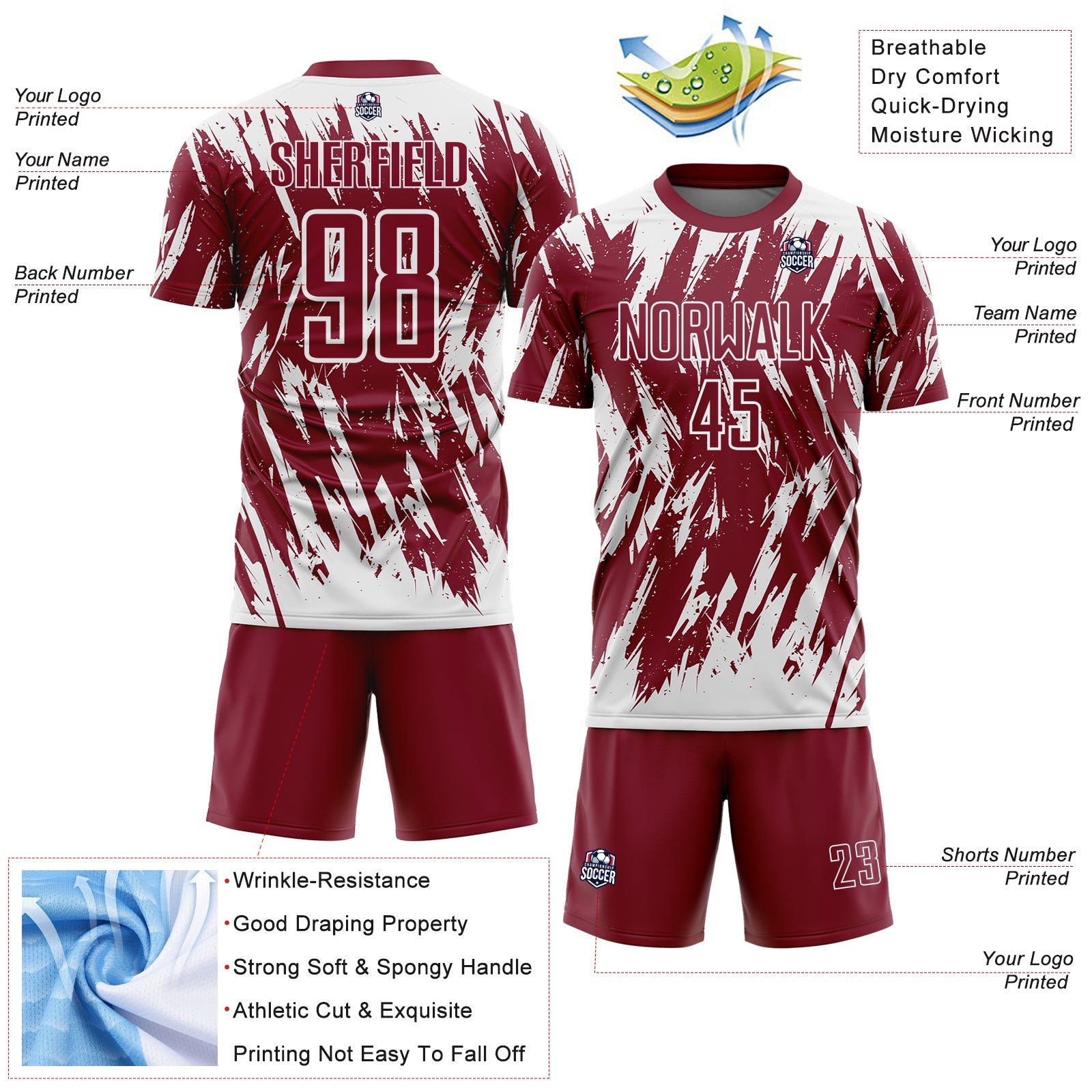 Custom Crimson-White Splatter Torn Sharp Brush Stroke Sublimation Soccer Uniform Jersey view 4