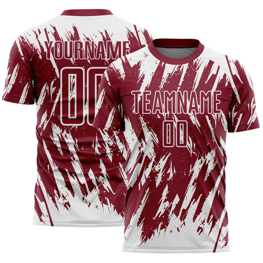 Custom Crimson-White Splatter Torn Sharp Brush Stroke Sublimation Soccer Uniform Jersey - Main View
