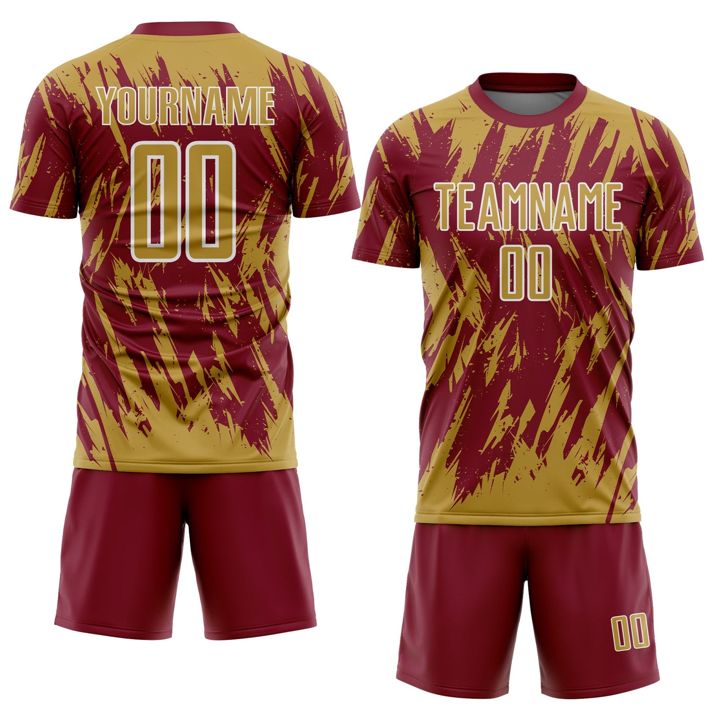 Custom Crimson Old Gold-White Splatter Torn Sharp Brush Stroke Sublimation Soccer Uniform Jersey view 2