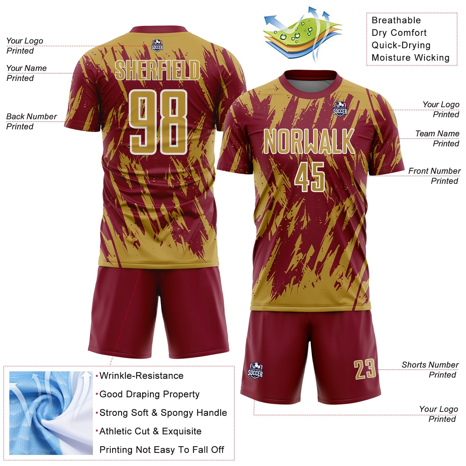 Custom Crimson Old Gold-White Splatter Torn Sharp Brush Stroke Sublimation Soccer Uniform Jersey view 4