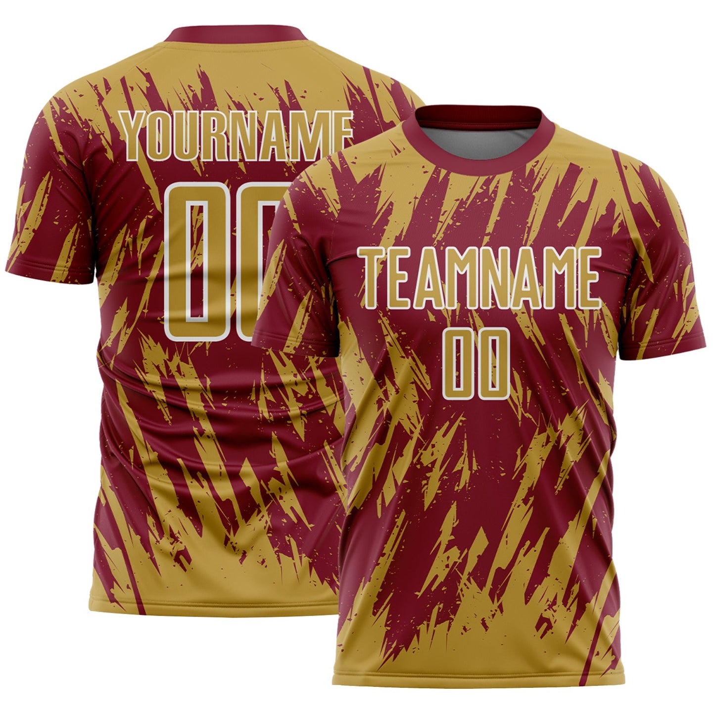 Custom Crimson Old Gold-White Splatter Torn Sharp Brush Stroke Sublimation Soccer Uniform Jersey - Main View