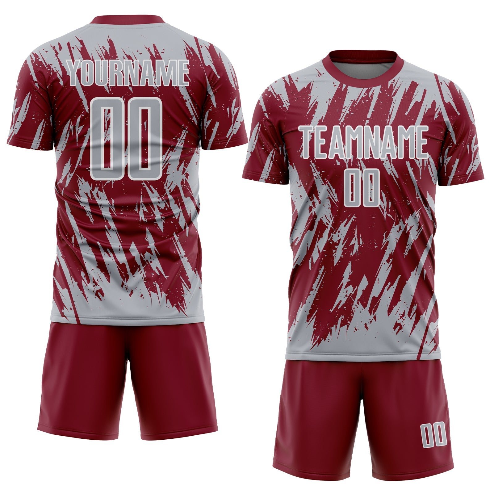 Custom Crimson Gray-White Splatter Torn Sharp Brush Stroke Sublimation Soccer Uniform Jersey view 2