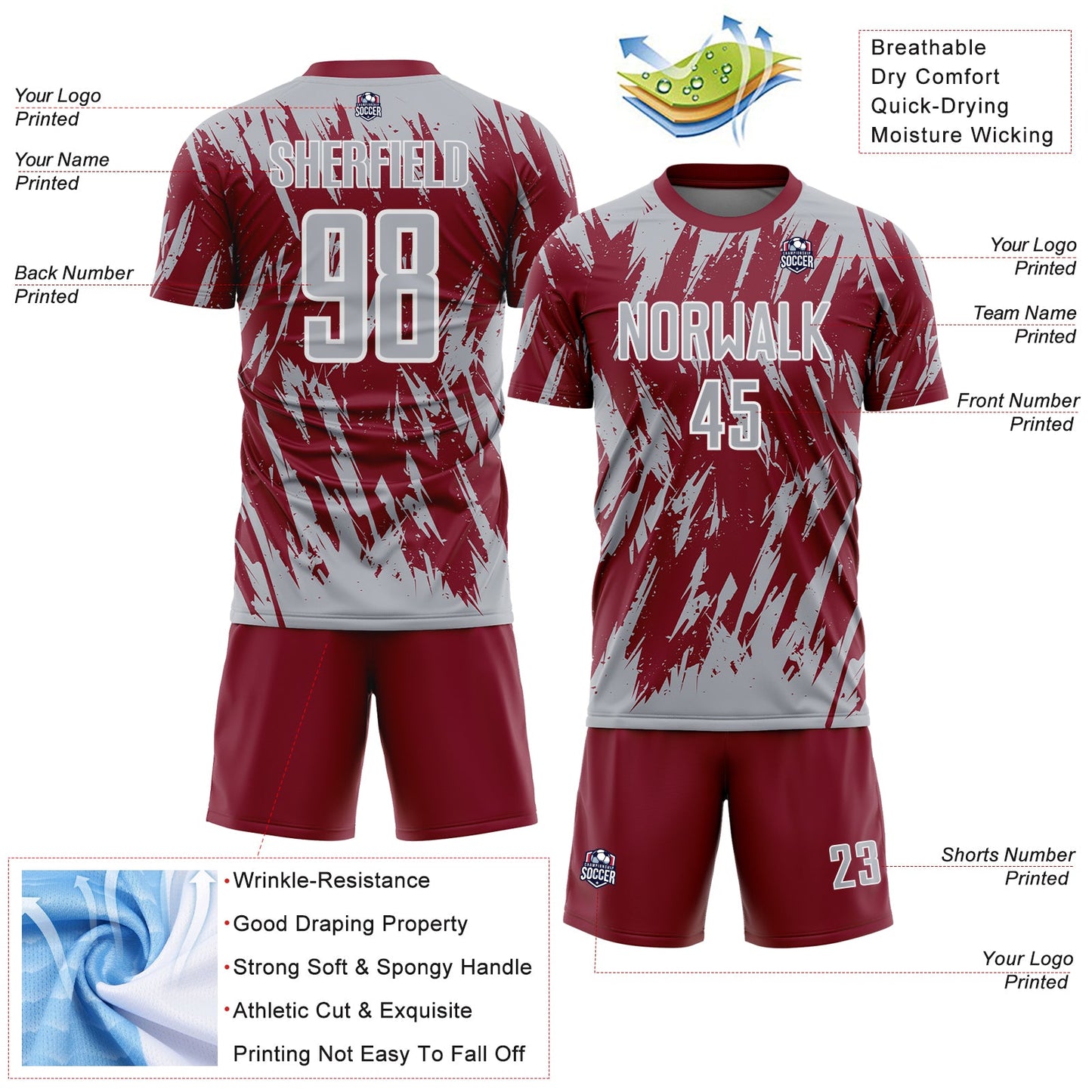 Custom Crimson Gray-White Splatter Torn Sharp Brush Stroke Sublimation Soccer Uniform Jersey view 4